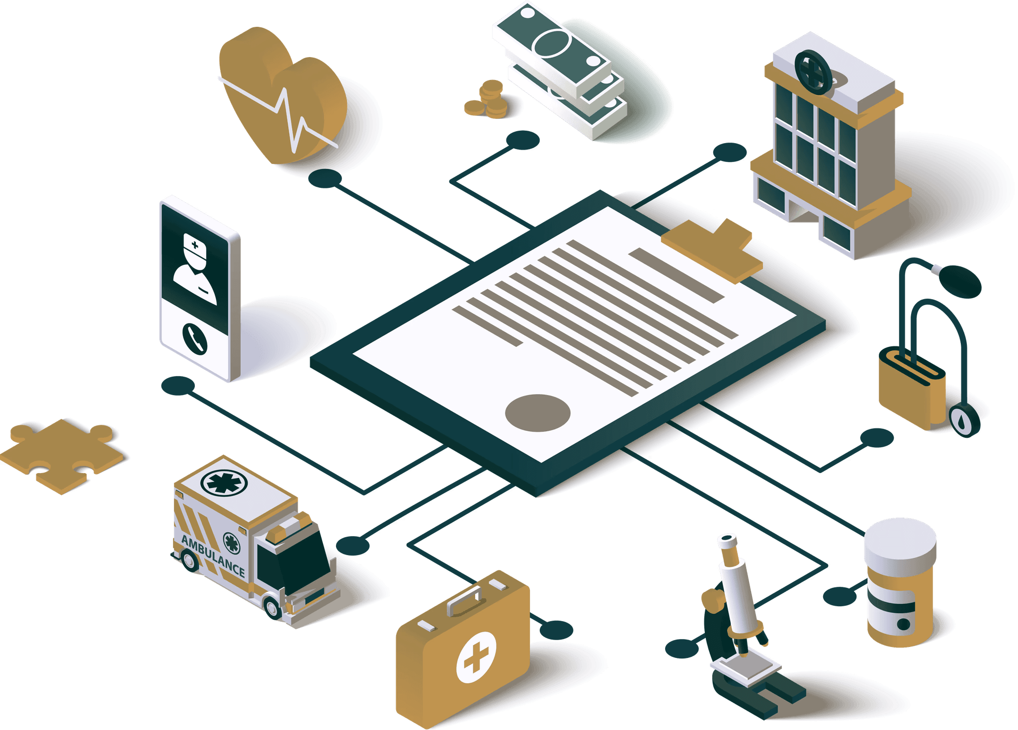 Healthcare, insurance, and technology systems connected around a medical record.